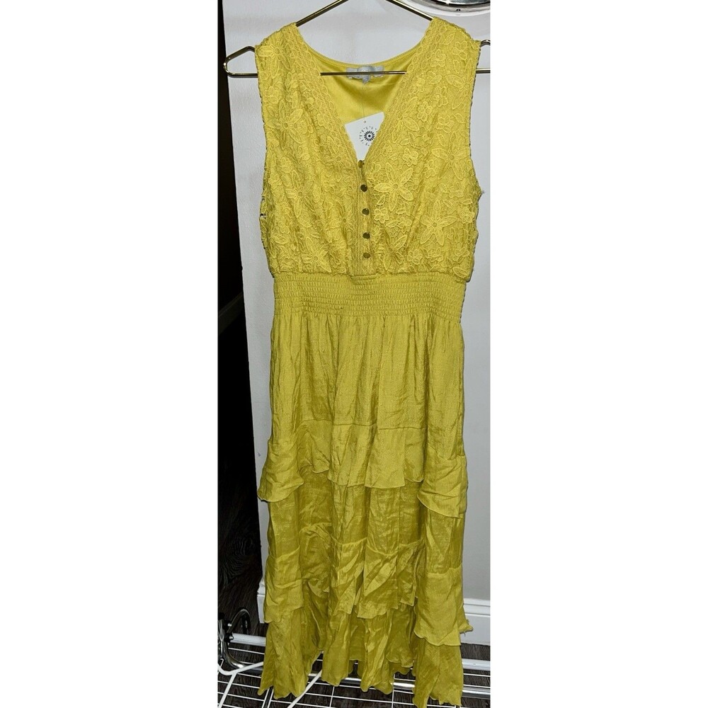 J Gee Crochet Lace Tiered Large Yellow Lined Dress (1A) c